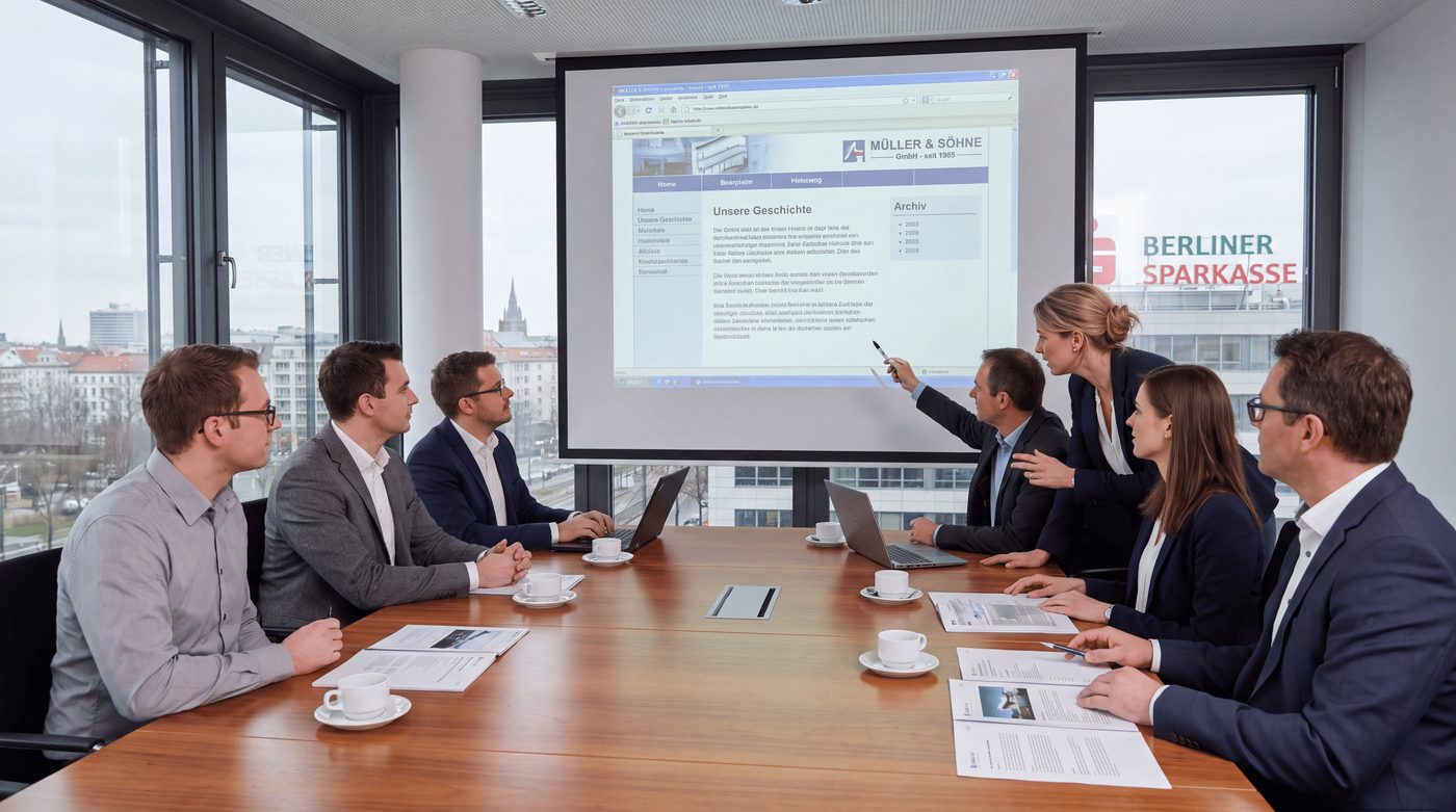 Besprechung in einem Betrieb: Das Team schaut auf eine veraltete Website
