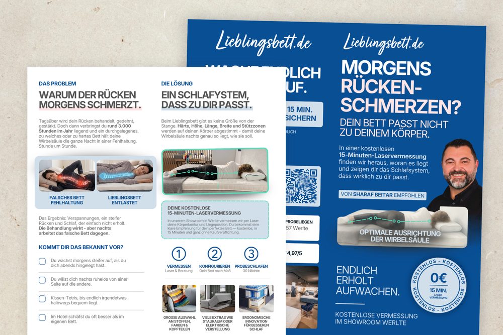 Flyer, Vorder- und Rückseite für Lieblingsbett